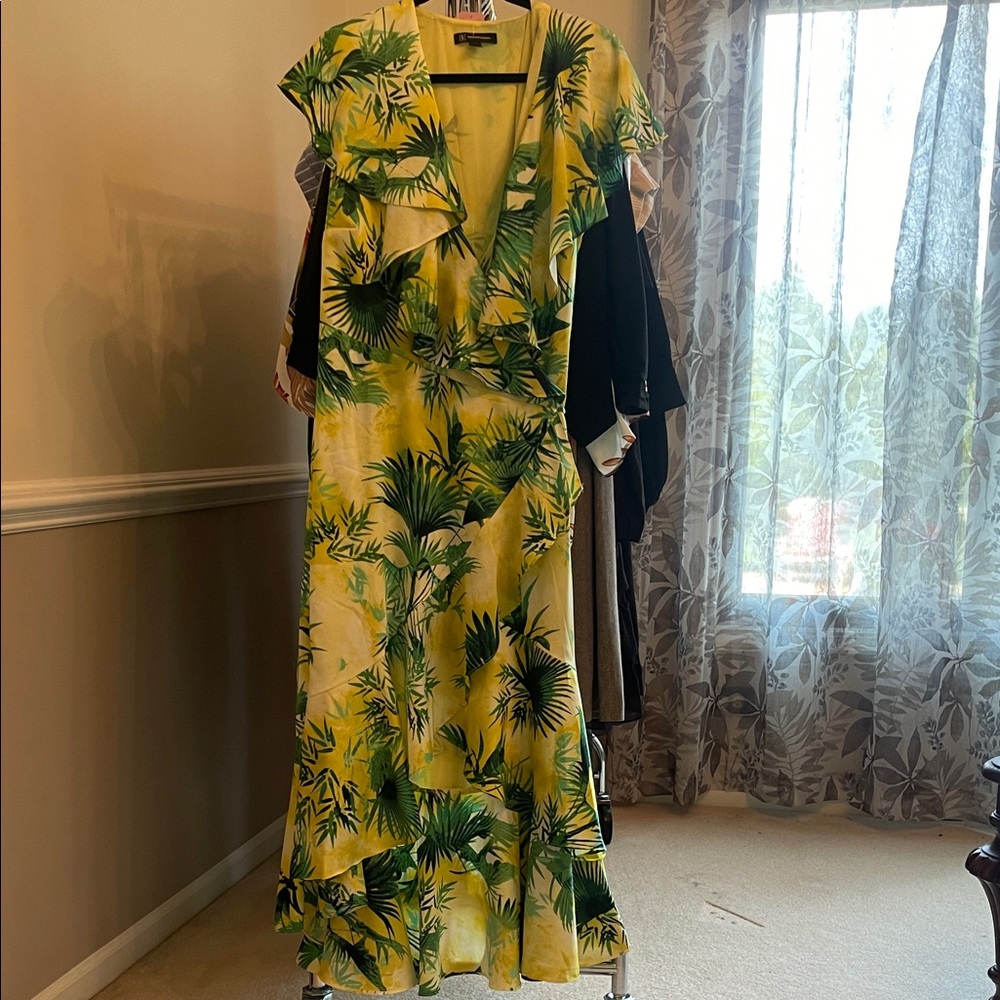 INC International Concepts Green Leaf Print Wrap Dress